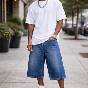 Enyce 90s Baggy Jean Shorts Size 40 Jorts Wide Leg Skate Y2K Stitched Logo Blue